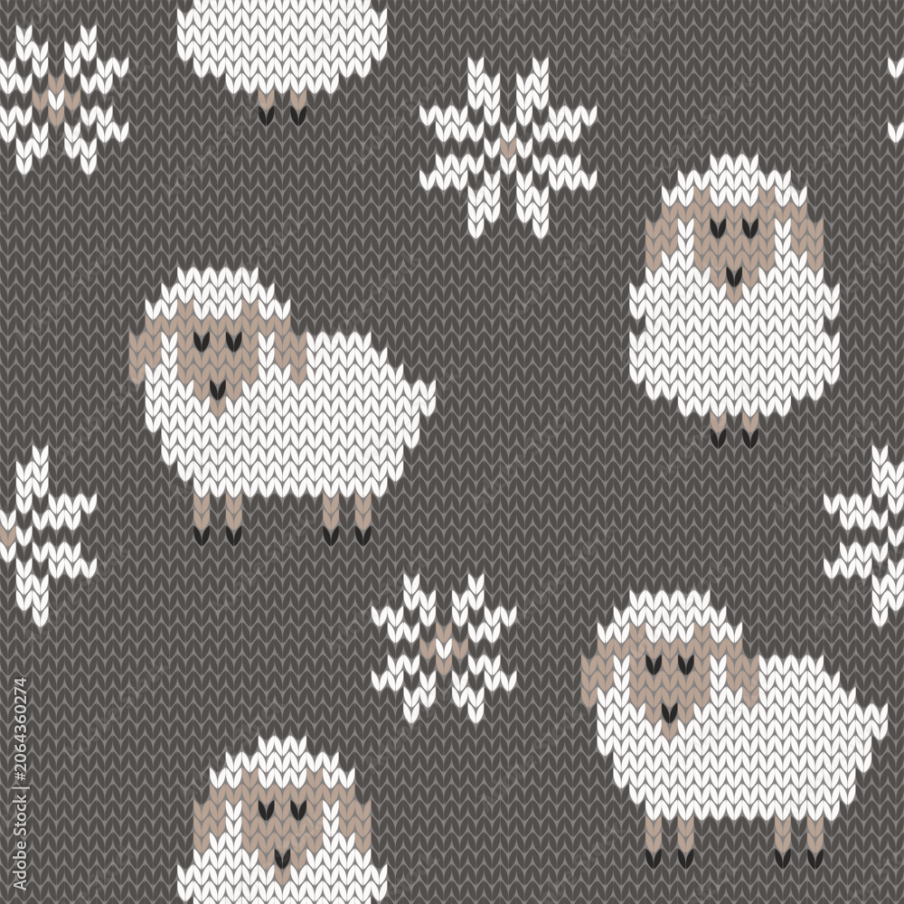 Obraz premium Cute sheep and snowflake knited seamless pattern