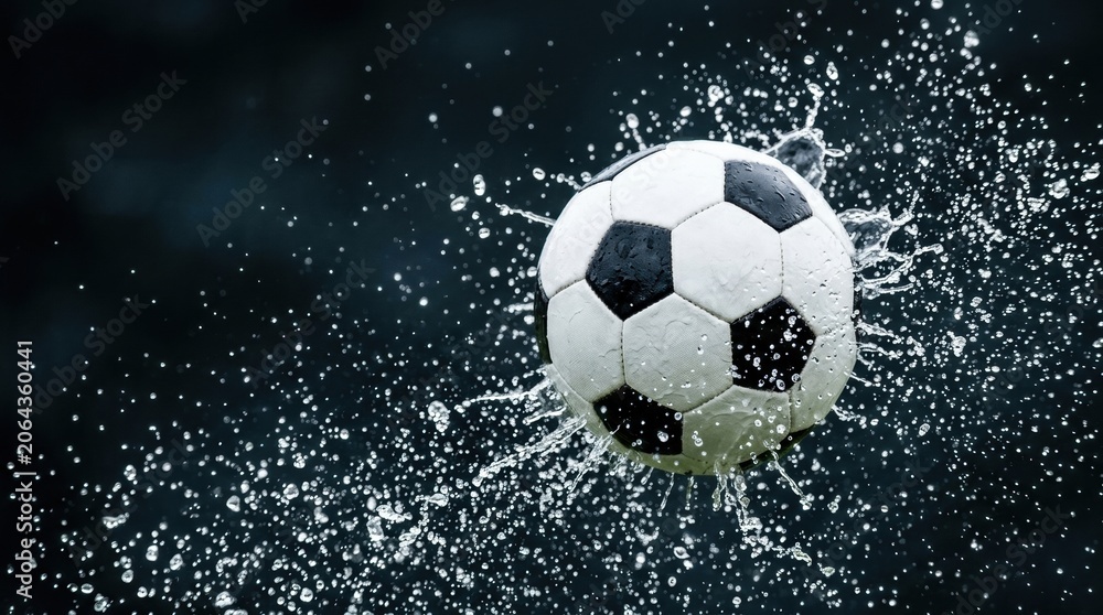 Naklejka premium A classic black and white soccer ball splashes through water droplets against a dark textured surface