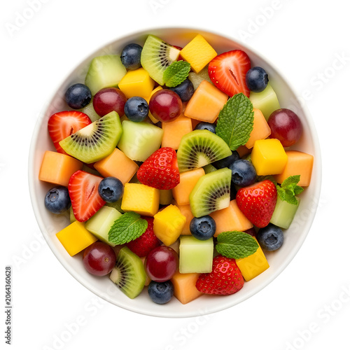 Refreshing fruit salad in ceramic bowl with mixed berries mango kiwi strawberry and mint leaves isolated on transparent.