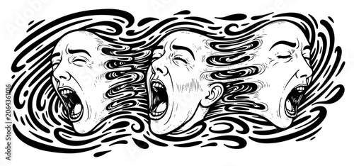 Tableau sur toile Screaming human faces dissolving into flowing liquid waves in surreal woodcut st