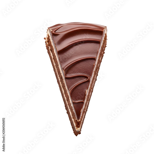 Single slice of decadent chocolate cake with glossy ganache topping isolated on transparent background.