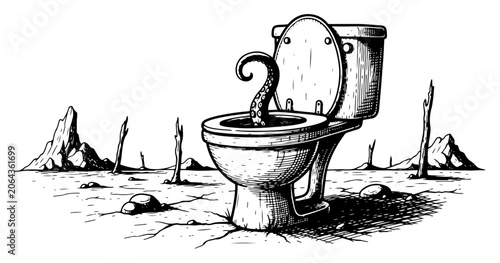 фотографія Toilet with tentacle in desert wasteland landscape in vintage engraving style
