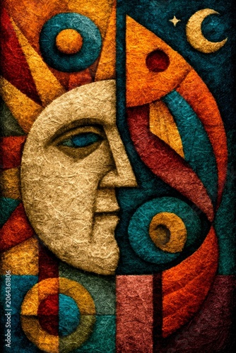Vibrant abstract artwork with overlapping geometric designs, featuring bold colors like red, blue, and orange under textured strokes, evoking a mystical feel.