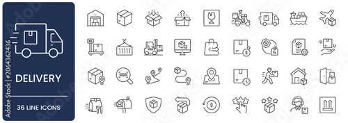 Delivery icon set. Collection of shipping logistic, courier transportation, parcel tracking and e-commerce fulfillment line icon vector illustration with editable stroke.