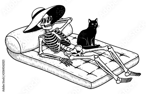 Quadro su tela Skeleton with sun hat and cat relaxing on air mattress in vintage woodcut style