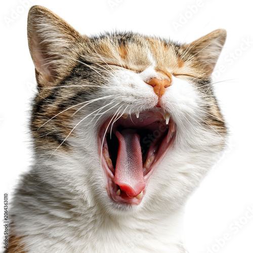 PNG of A calico cat yawning, showcasing its colorful fur and playful spirit.