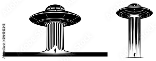 Obraz na plátne UFO flying saucers beaming light down onto human silhouette in minimalist graphi