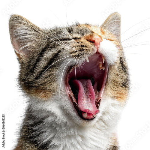 PNG of A close-up of a yawning calico cat showcasing its vibrant fur and playful expression.