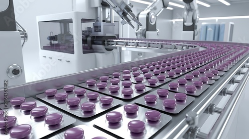 Drug manufacturing process. Conveyor with medical ampoules line at a modern pharmaceutical plant. Pharmacology production, medicine industry from laboratory 2 factory, pharmacy. Healthcare, pharma 3D