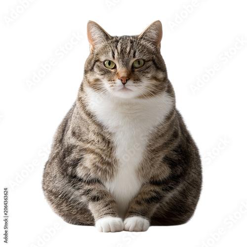 PNG of A fluffy tabby cat with striking green eyes, sitting gracefully