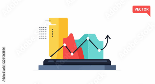 A vector graphic of a smartphone displaying a colorful infographic with graphs