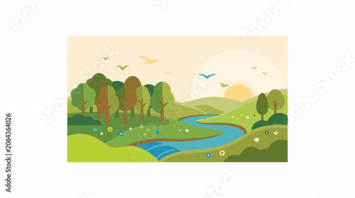 A serene landscape with a winding river, trees, flowers, and birds in a sunny environment