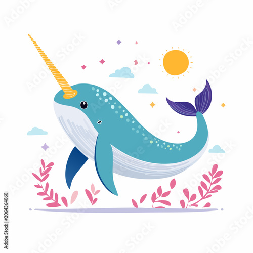 Cute Narwhal Illustration with Horn and Tail