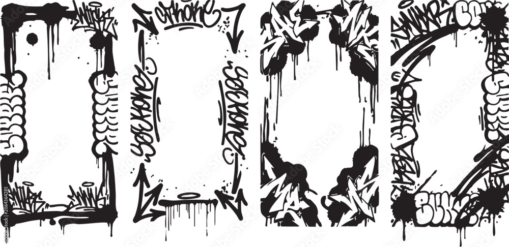 Fototapeta premium Graffiti frames set with urban vector illustration design elements and blank space for text or image insertion in black and white colors