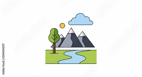 Cartoon landscape with tree, river, mountains, sun, and cloud