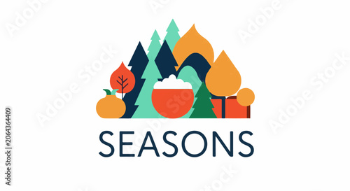 Colorful graphic illustration of mountains, trees, and seasonal symbols with text