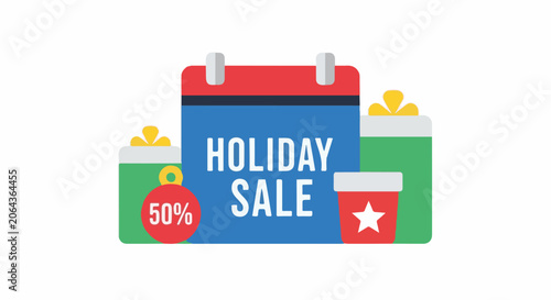Colorful holiday sale advertisement with calendar and gifts