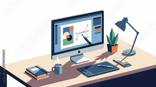 A computer monitor on a desk with a graphics tablet and office supplies