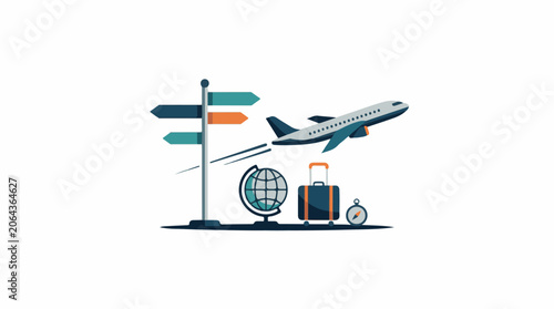Colorful graphic depicting travel with airplane, luggage, and signs