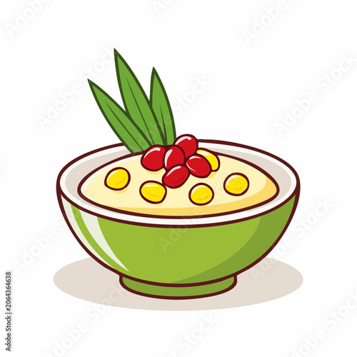 Cartoon bowl of sweet dessert with beans and pandan leaves
