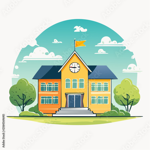 Cartoon School Building with Clock and Flag