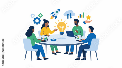 Diverse team collaborating around table with laptops and ideas