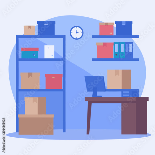 A blue bookshelf and desk with office supplies and boxes