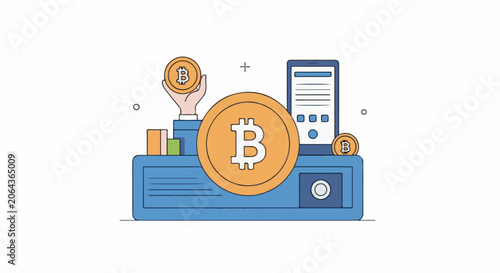 A blue computer with a hand holding a bitcoin on top, surrounded by coins and bars