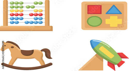 Vászonkép Educational kids wooden toys set with abacus shape sorter puzzle rocking horse a