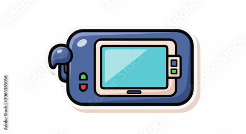 A blue digital camera with a light brown border and a teal screen