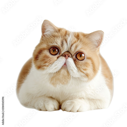PNG of Adorable orange and white exotic cat with big brown eyes relaxes on a soft surface.
