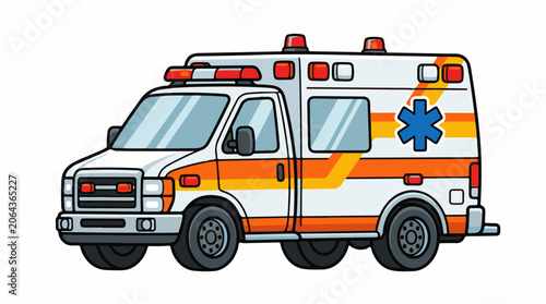 A cartoon-style illustration of an ambulance with orange and yellow stripes