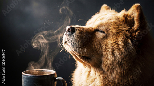Fotografie Cinematic close-up of a fluffy dog savoring the aroma from a mug, eyes closed in