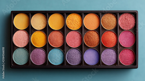 Vászonkép Vibrant eyeshadow palette with colorful matte and shimmer shades arranged in row