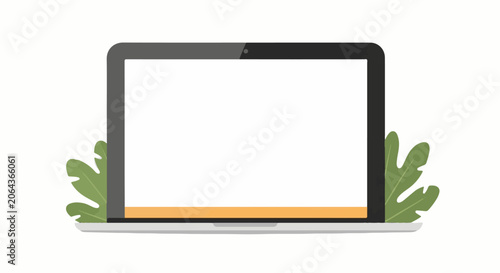 A laptop with a white screen and green leaves on either side