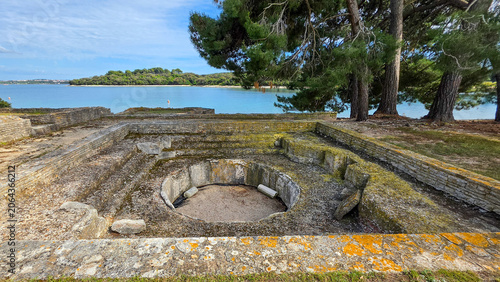 Ancient stone ruins by the blue coastal sea with pine trees