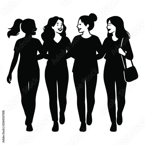 Obraz na plátně Four women friends walking together arm in arm sharing happy moment friendship and togetherness