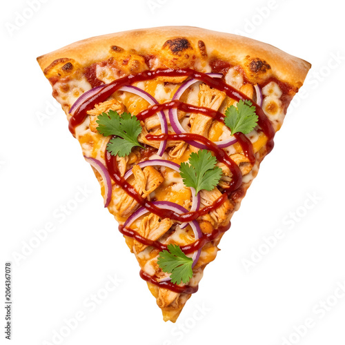 Barbecue chicken pizza slice with red onions and cilantro leaves isolated on transparent background.