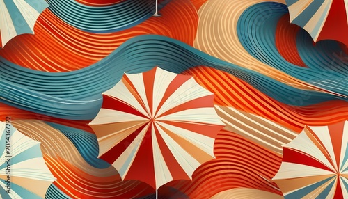 seamless geometric pattern flat 3d style beach umbrella and wavy striped background