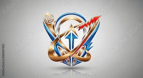 A colorful abstract logo with arrows and lightning bolts in gold, blue, and red on a grey background with reflection