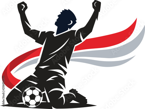 Soccer victory player silhouette with dynamic ribbons on a white background