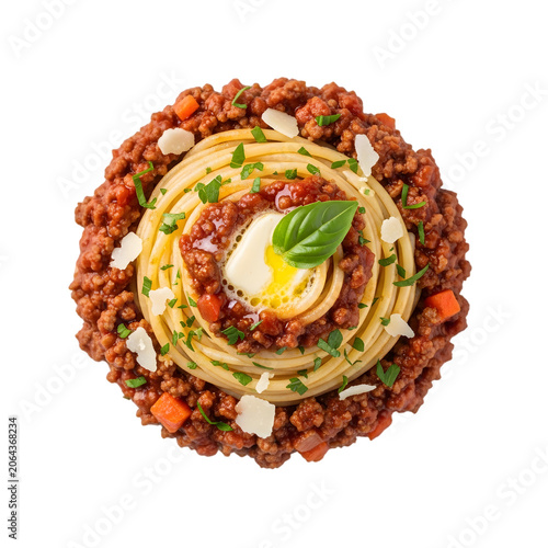 Bolognese pasta with ground meat sauce parmesan cheese fresh basil and melted butter on isolated background.