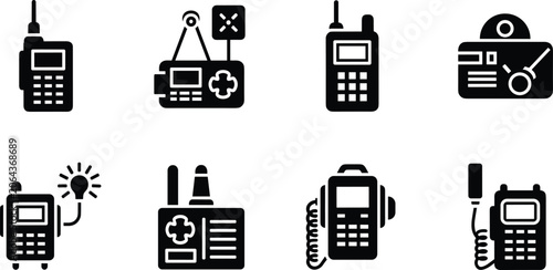 Bild auf Leinwand Wireless Communication Device Silhouette Icons with Radios Telephones and Signal