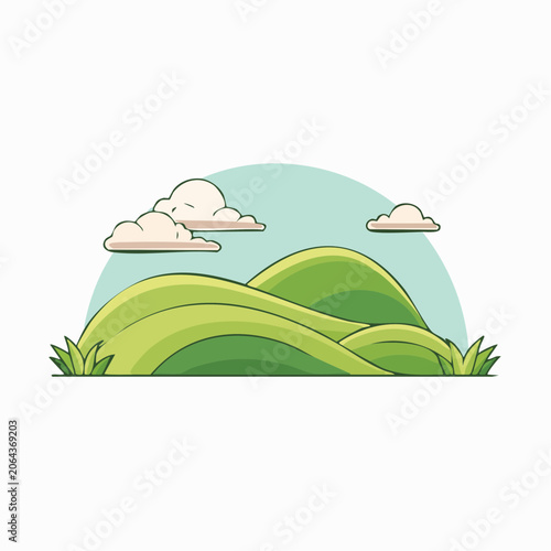 Stylized Green Hills and Clouds Illustration