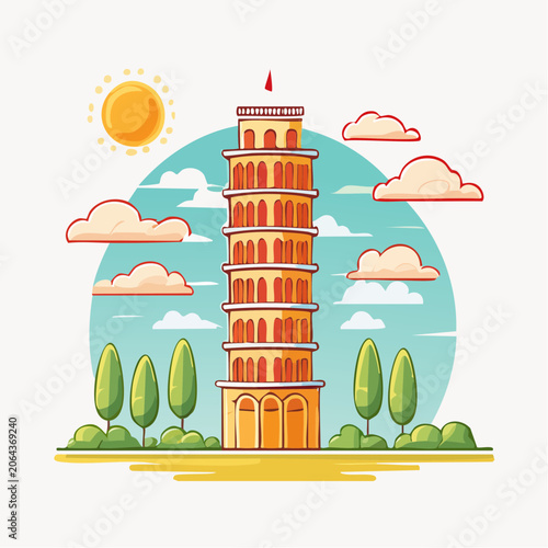Stylized Leaning Tower of Pisa with Sun and Clouds