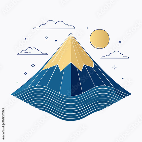 Stylized Mountain and Ocean Landscape with Sun and Clouds