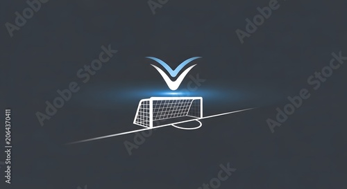 A soccer goal with a blue and white checkmark logo on a dark grey background with motion blur effect