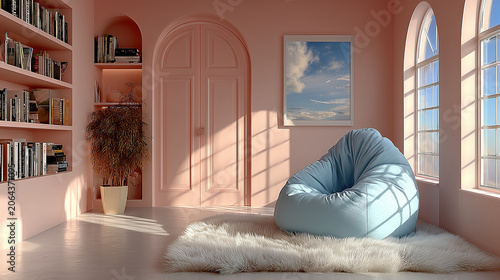 Cozy kids room with blue bean bag chair and bookshelf