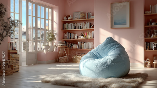 Cozy kids room with blue bean bag chair and bookshelf