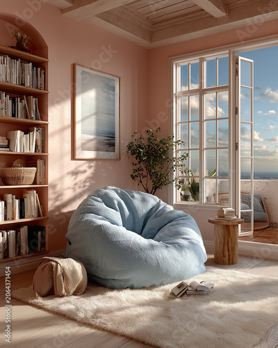 Cozy kids room with blue bean bag chair and bookshelf